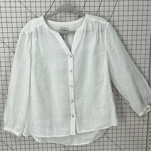 Rachel, Zoe, 100% linen, puff, balloon sleeve button front white blouse L